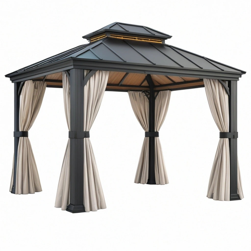 Altana ogrodowa 300 x 300 x 300 cm metalowa czarna z beżowymi zasłonami - zadaszona