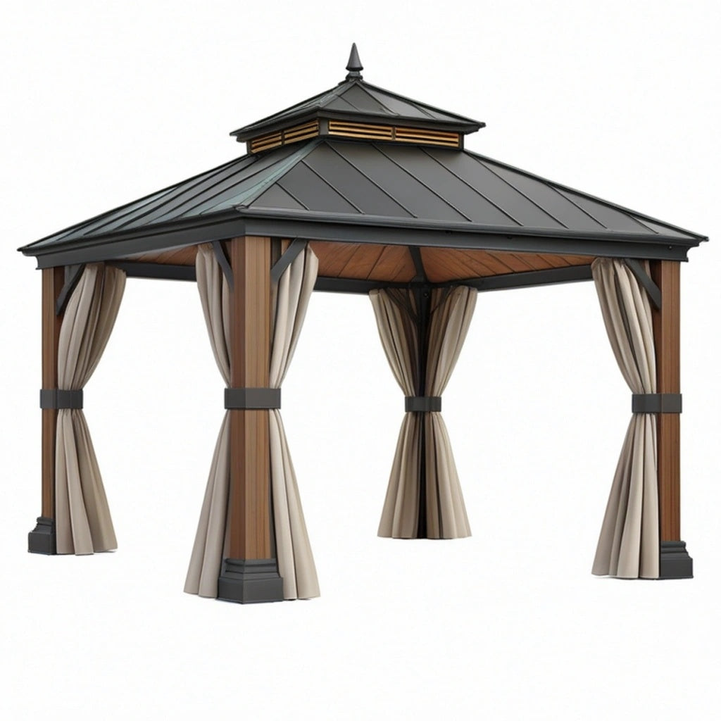 Altana ogrodowa 300 x 300 x 300 cm drewniano-metalowa beżowo-brązowa z zasłonami