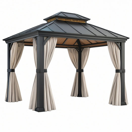 Altana ogrodowa 300 x 300 x 300 cm metalowa czarna z beżowymi zasłonami - zadaszona