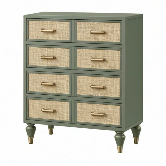 Komoda z 8 szufladami 80 x 40 x 95 cm zielona z plecionymi frontami w stylu retro