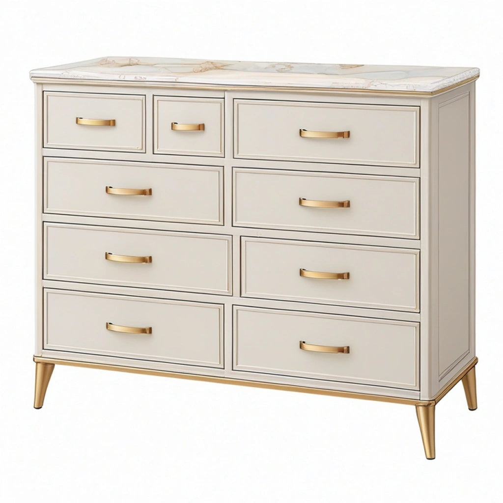 Komoda 140 x 45 x 90 cm z płyty meblowej kremowa ze złotymi uchwytami - glamour z dziewięcioma szufladami