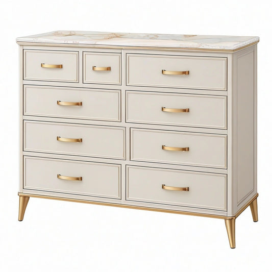Komoda 140 x 45 x 90 cm z płyty meblowej kremowa ze złotymi uchwytami - glamour z dziewięcioma szufladami
