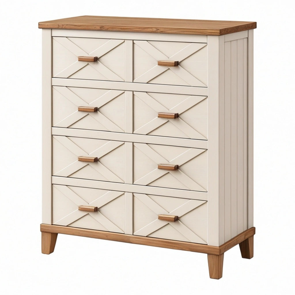Komoda 90 x 40 x 105 cm z drewna kremowa z 8 szufladami w stylu rustykalnym